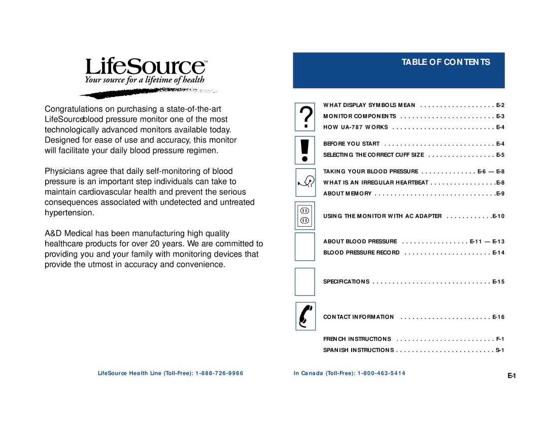 LifeSource UA-787 manual Table of Contents 