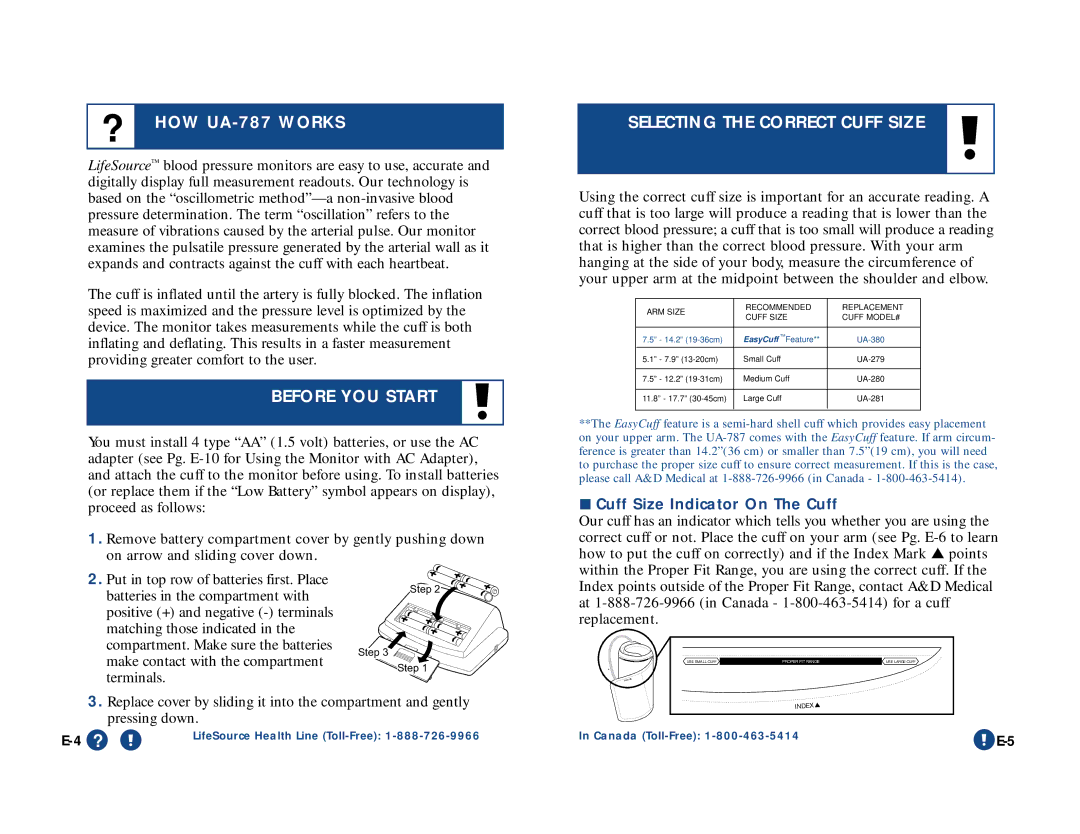 LifeSource manual ? HOW UA-787 Works, Before YOU Start, Selecting the Correct Cuff Size, Cuff Size Indicator On The Cuff 