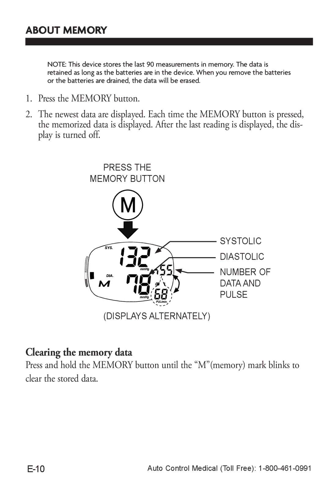 LifeSource UA-787W manual About Memory, Clearing the memory data 