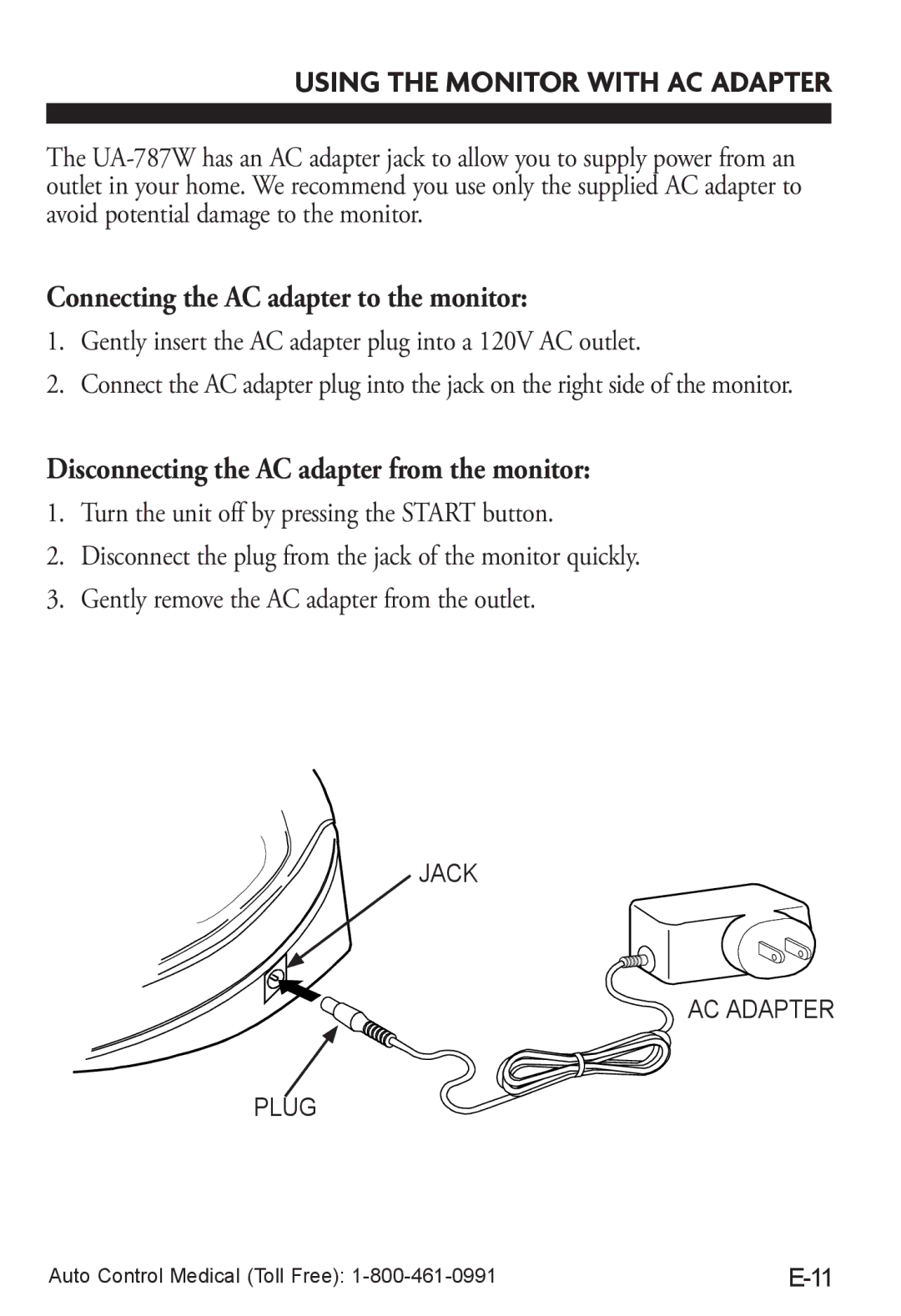 LifeSource UA-787W manual Connecting the AC adapter to the monitor, Disconnecting the AC adapter from the monitor 