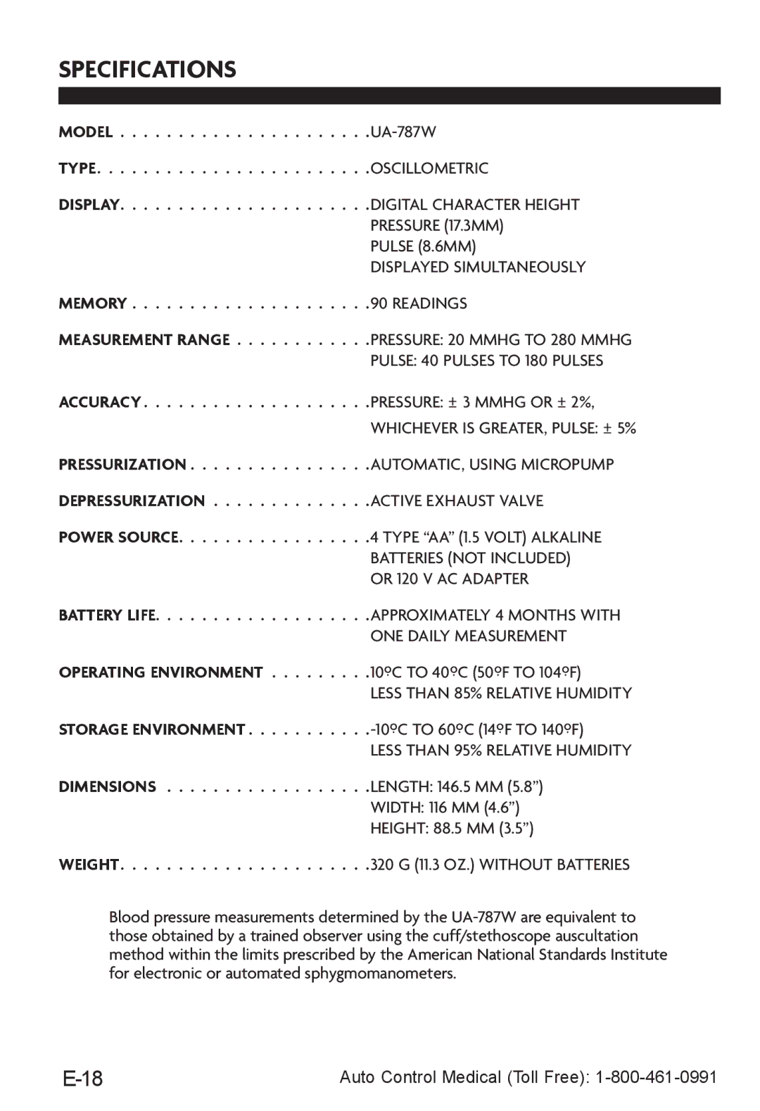 LifeSource UA-787W manual Specifications, Weight 