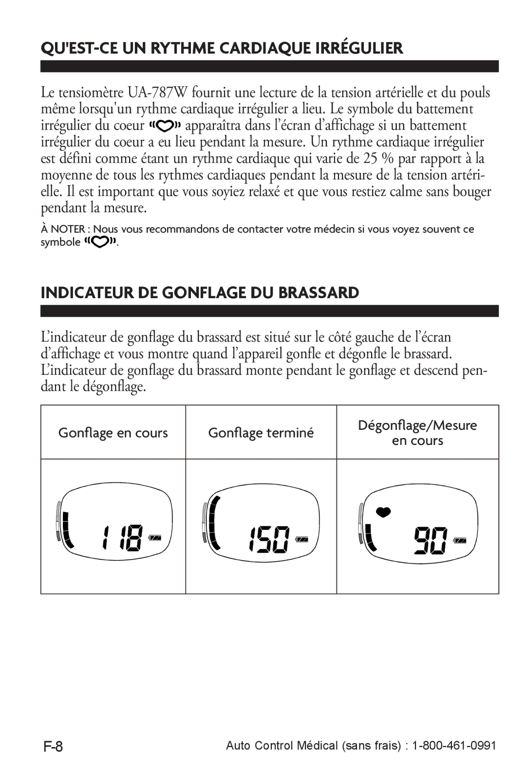 LifeSource UA-787W manual QUEST-CE UN Rythme Cardiaque Irrégulier, Indicateur DE Gonflage DU Brassard 