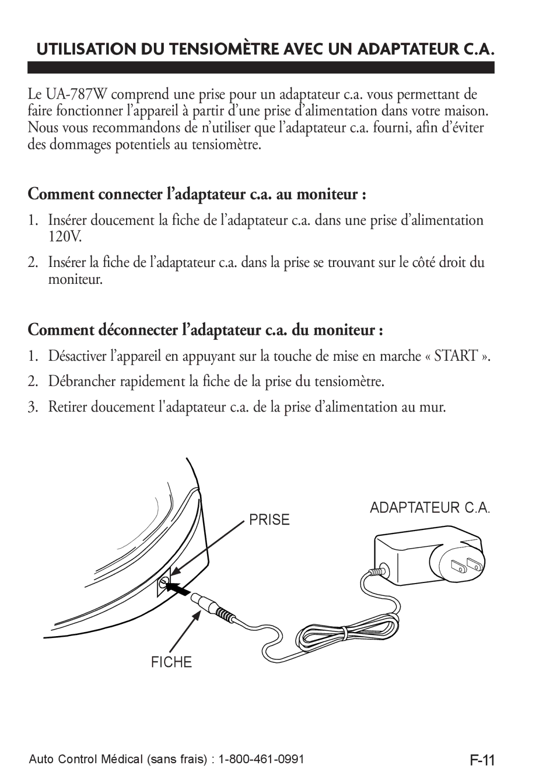 LifeSource UA-787W Comment connecter l’adaptateur c.a. au moniteur, Comment déconnecter l’adaptateur c.a. du moniteur 