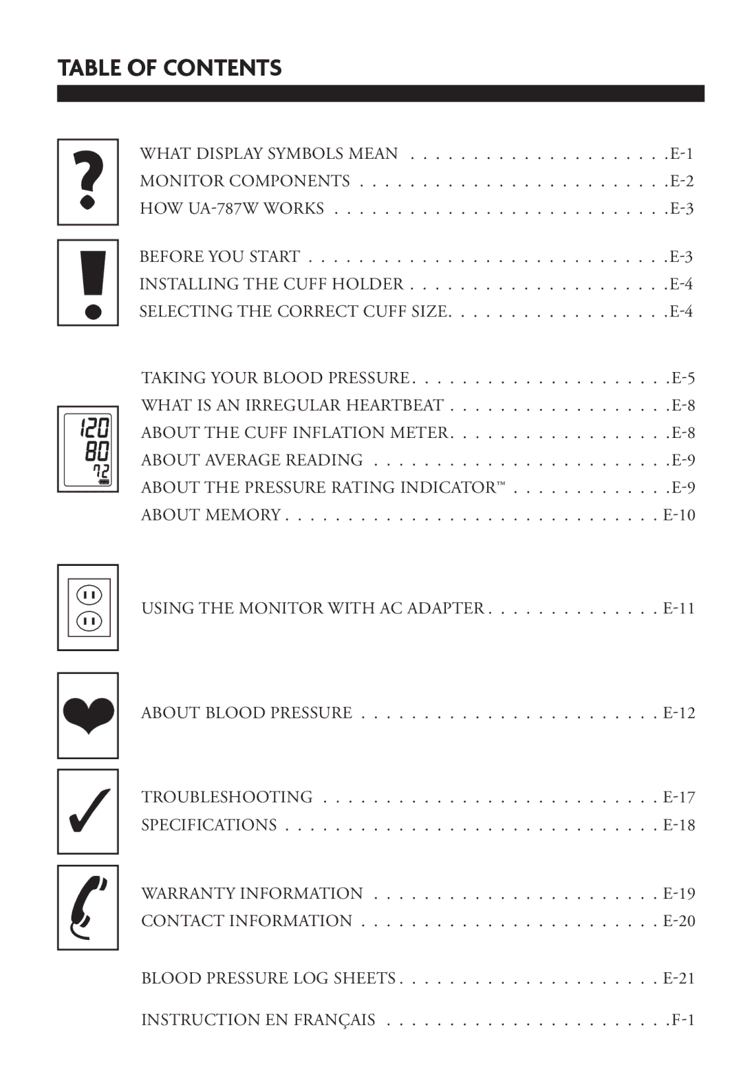 LifeSource UA-787W manual Table of Contents 