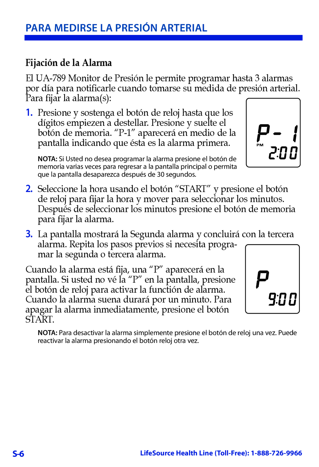 LifeSource UA-789 manual Para Medirse LA Presión Arterial, Fijación de la Alarma 