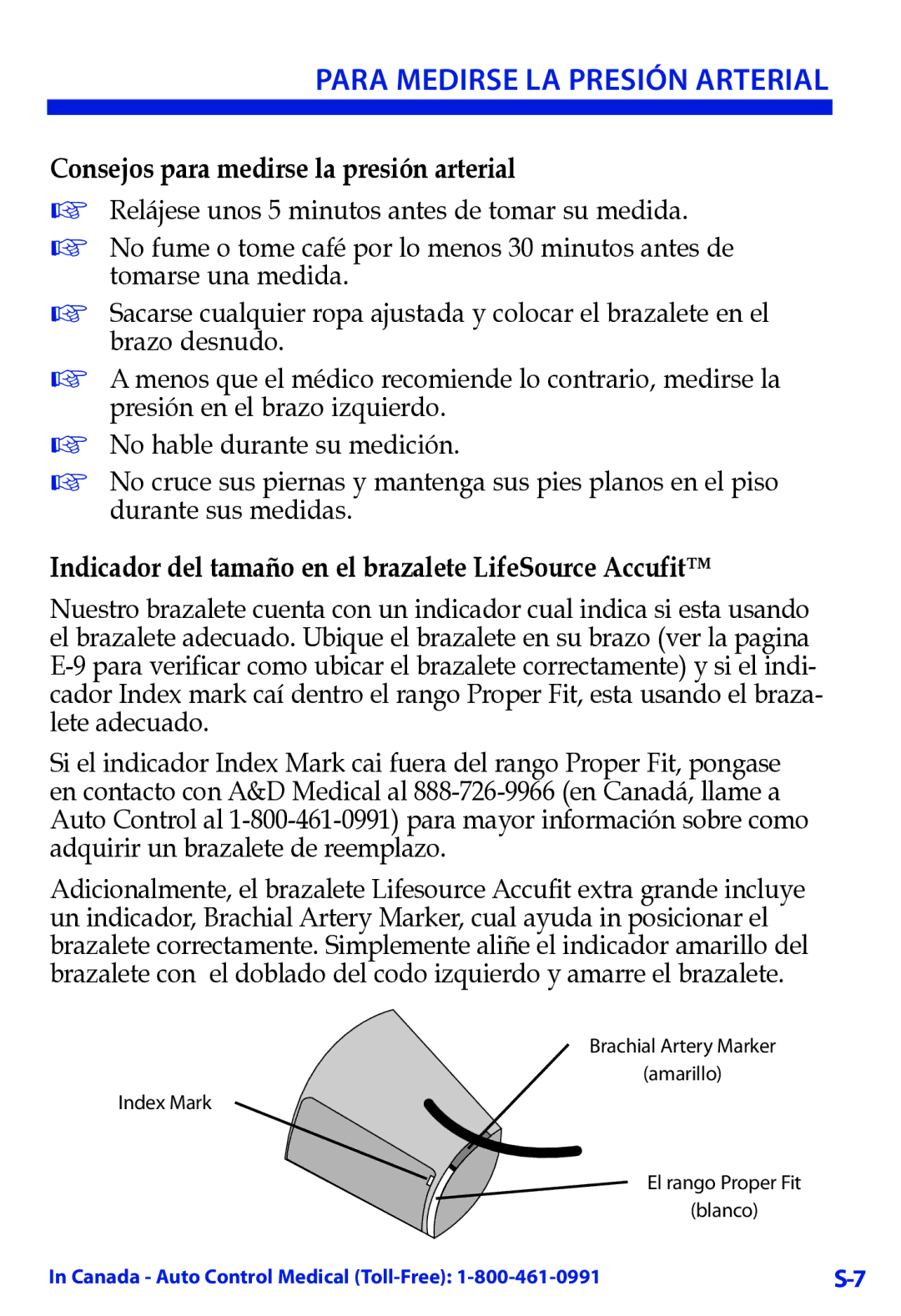 LifeSource UA-789 manual Consejos para medirse la presión arterial, Indicador del tamaño en el brazalete LifeSource Accufit 