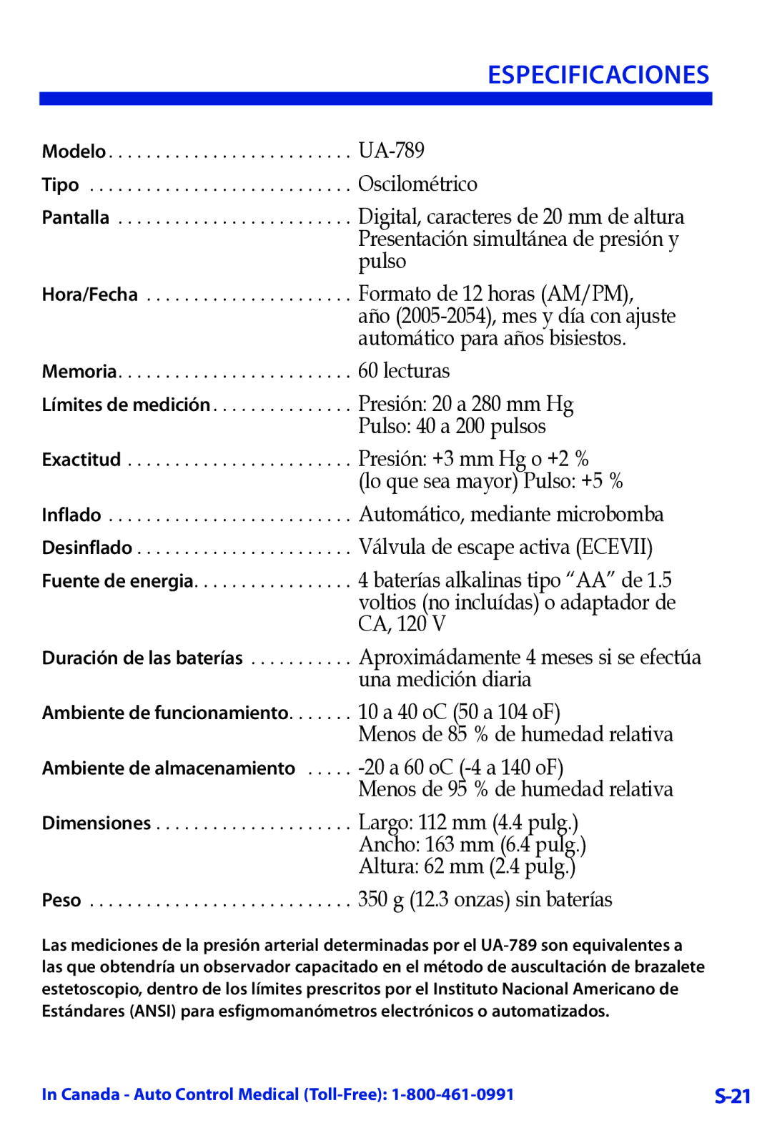 LifeSource UA-789 manual Especificaciones 