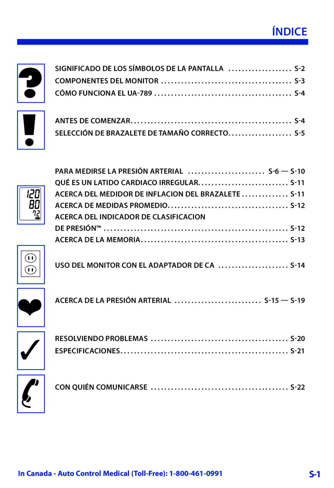 LifeSource UA-789 manual Índice, Acerca DEL Indicador DE Clasificacion 