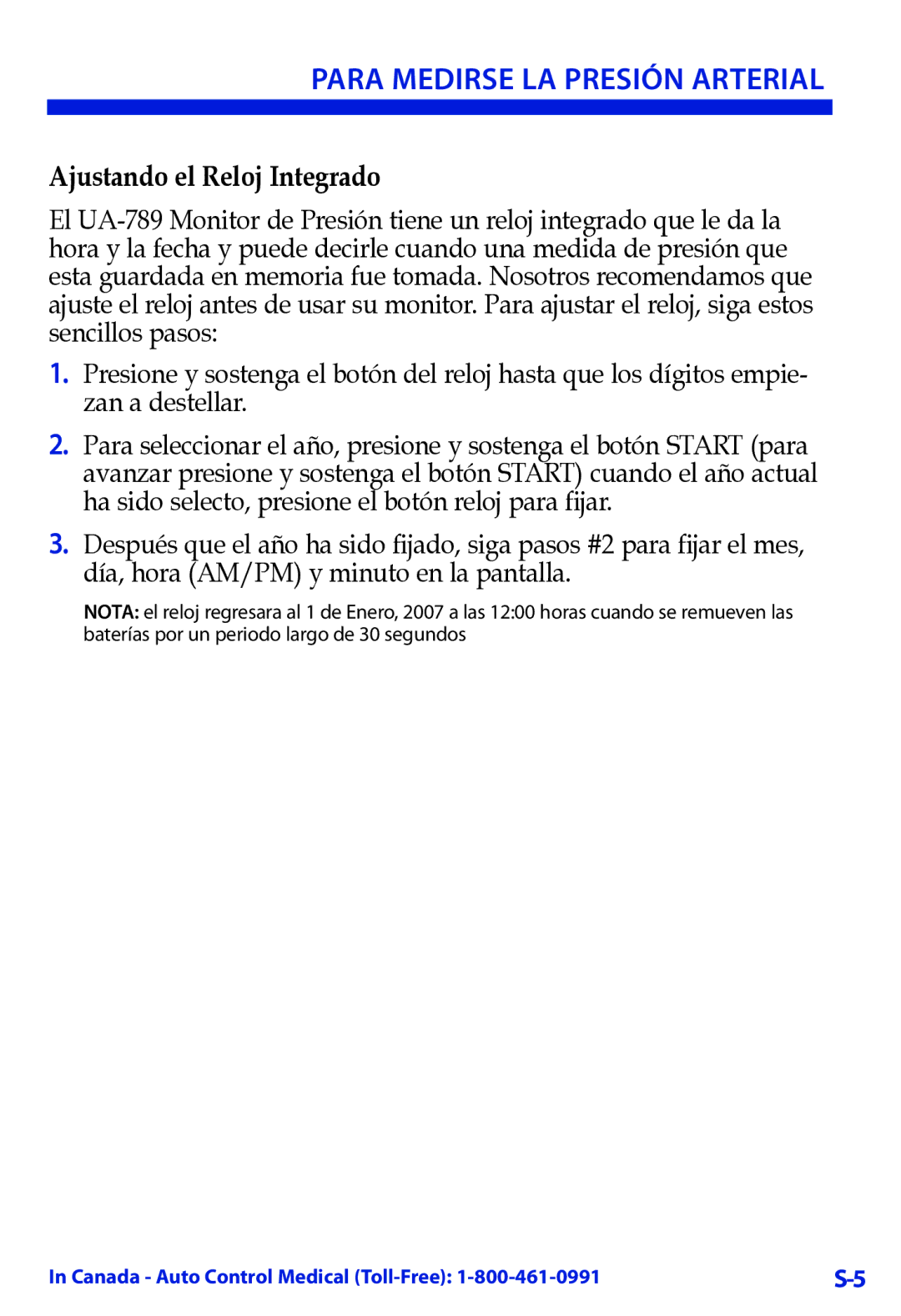 LifeSource UA-789 manual Para Medirse LA Presión Arterial, Ajustando el Reloj Integrado 