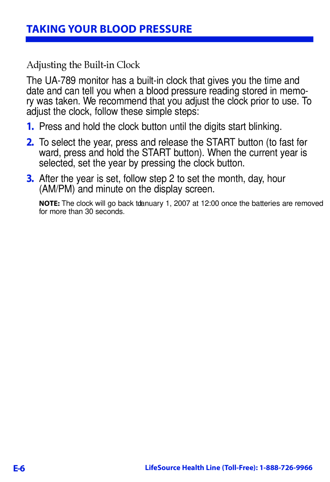 LifeSource UA-789 manual Taking Your Blood Pressure, Adjusting the Built-in Clock 