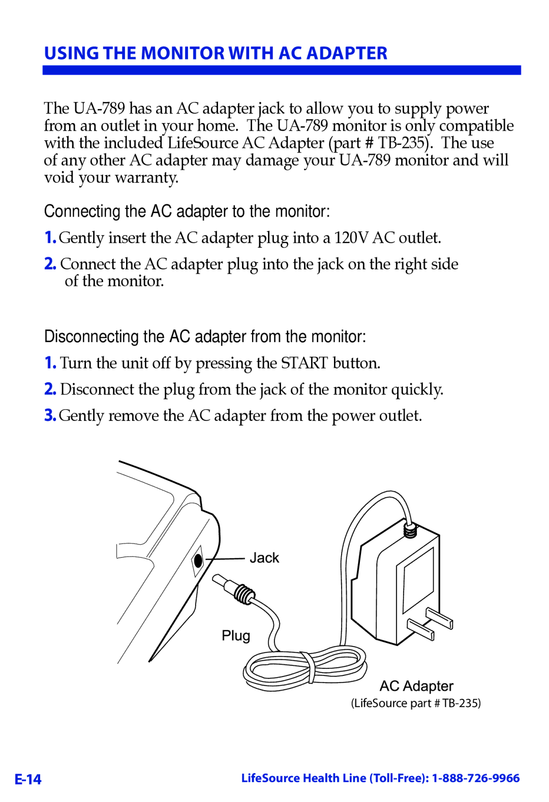 LifeSource UA-789 manual Using the Monitor with AC Adapter, Connecting the AC adapter to the monitor 