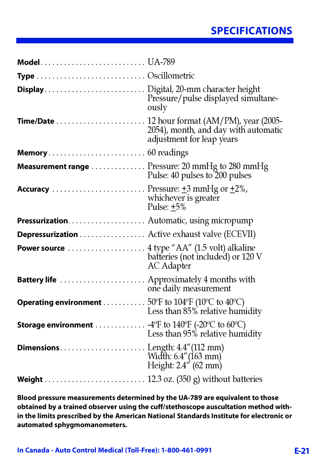 LifeSource UA-789 manual Specifications, Weight .3 oz g without batteries 