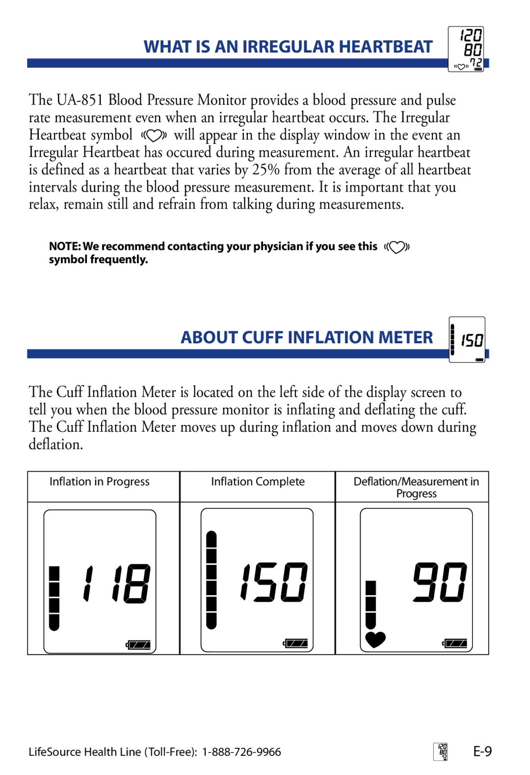 LifeSource UA-851 manual What is AN Irregular HeartBeat, About cuff inflation Meter 