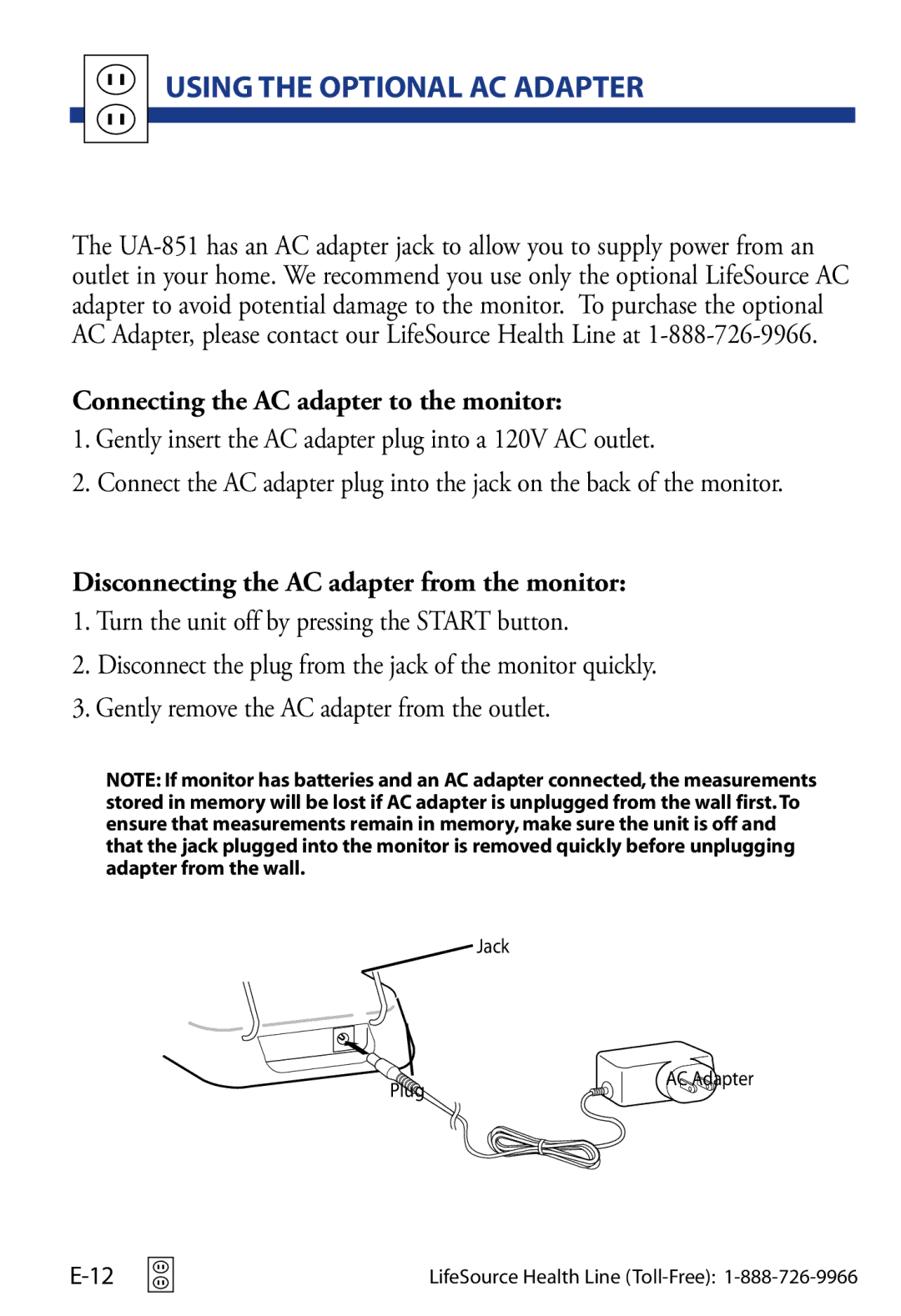 LifeSource UA-851 manual Using the optional AC Adapter, Connecting the AC adapter to the monitor 