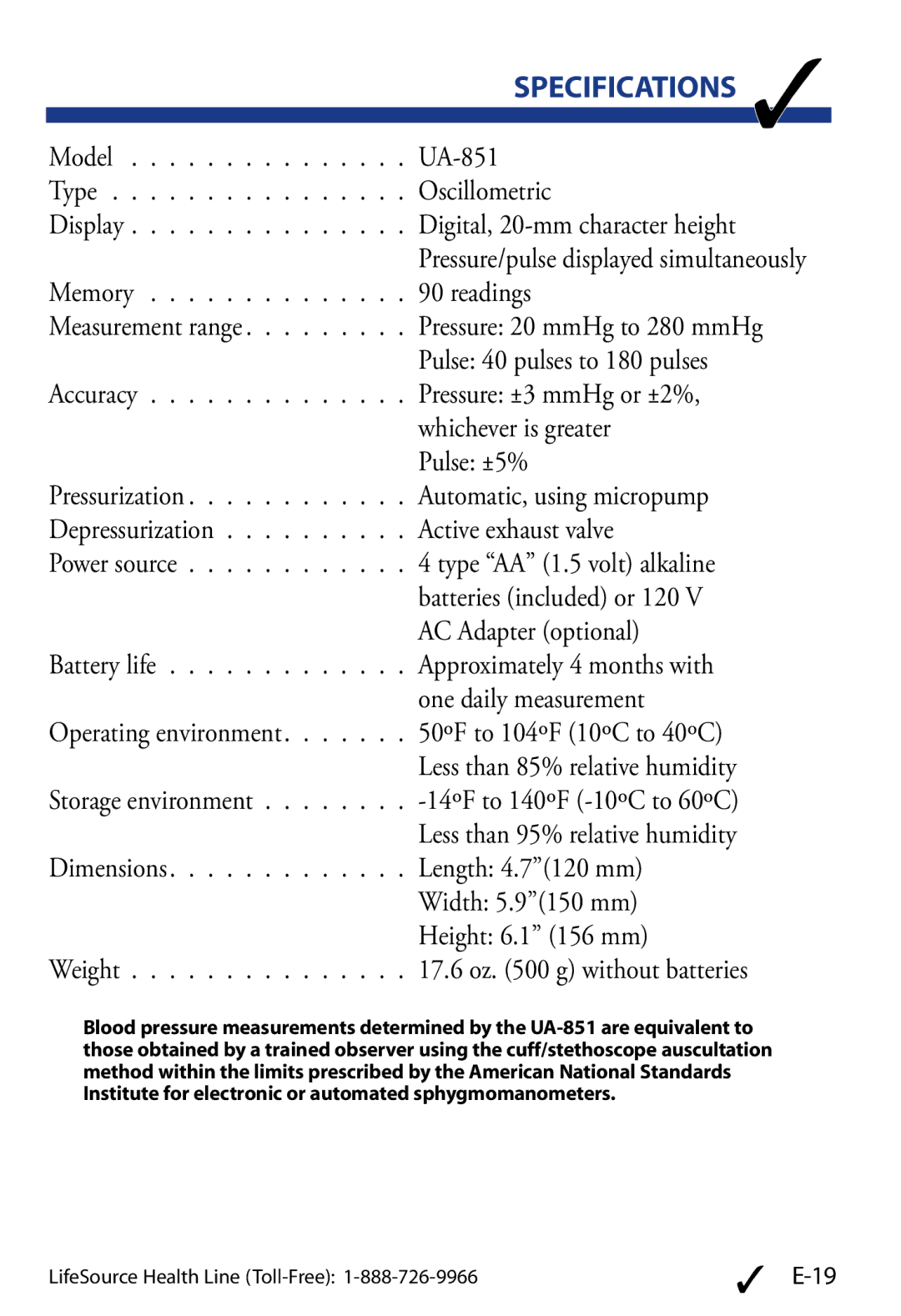 LifeSource UA-851 manual Specifications 