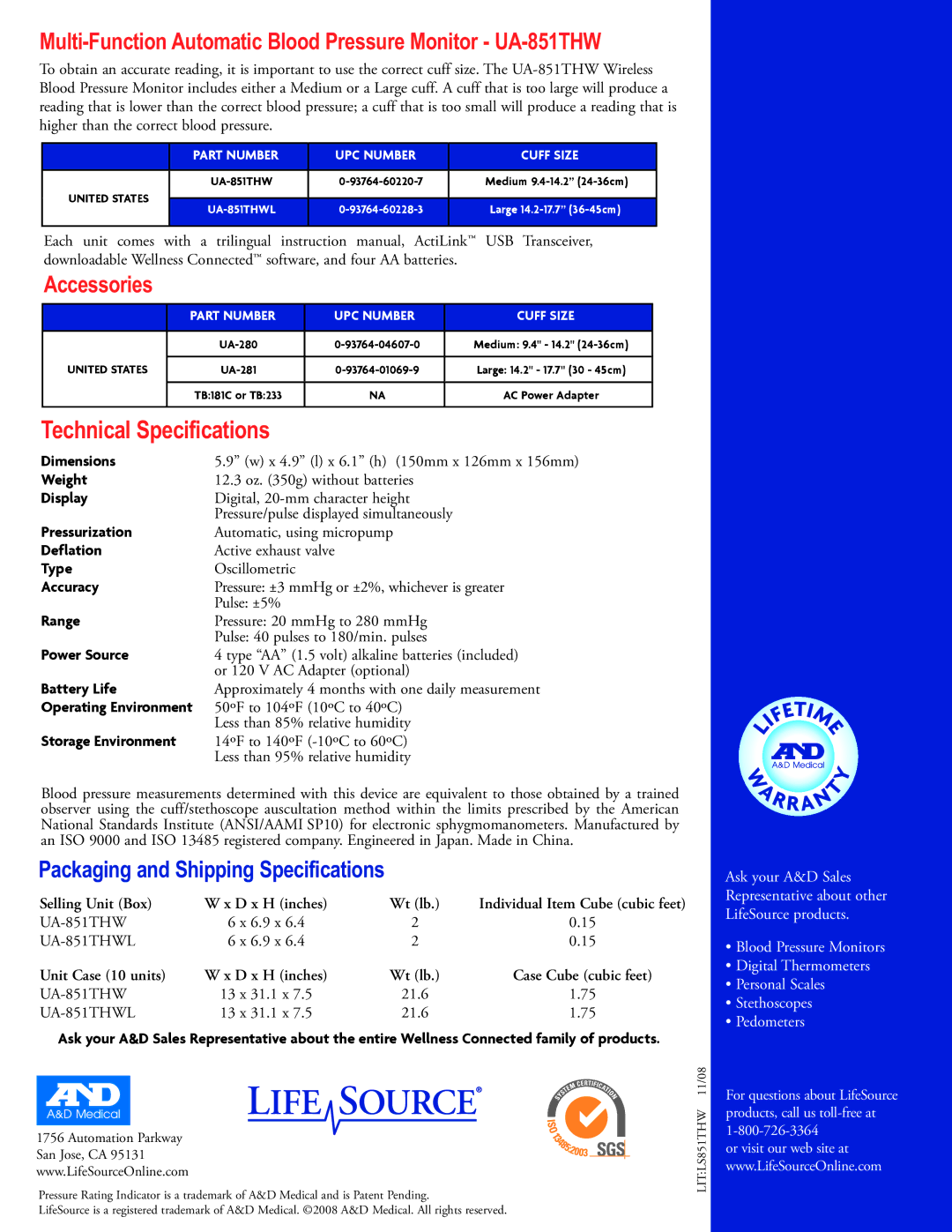 LifeSource manual Multi-Function Automatic Blood Pressure Monitor UA-851THW, Accessories 