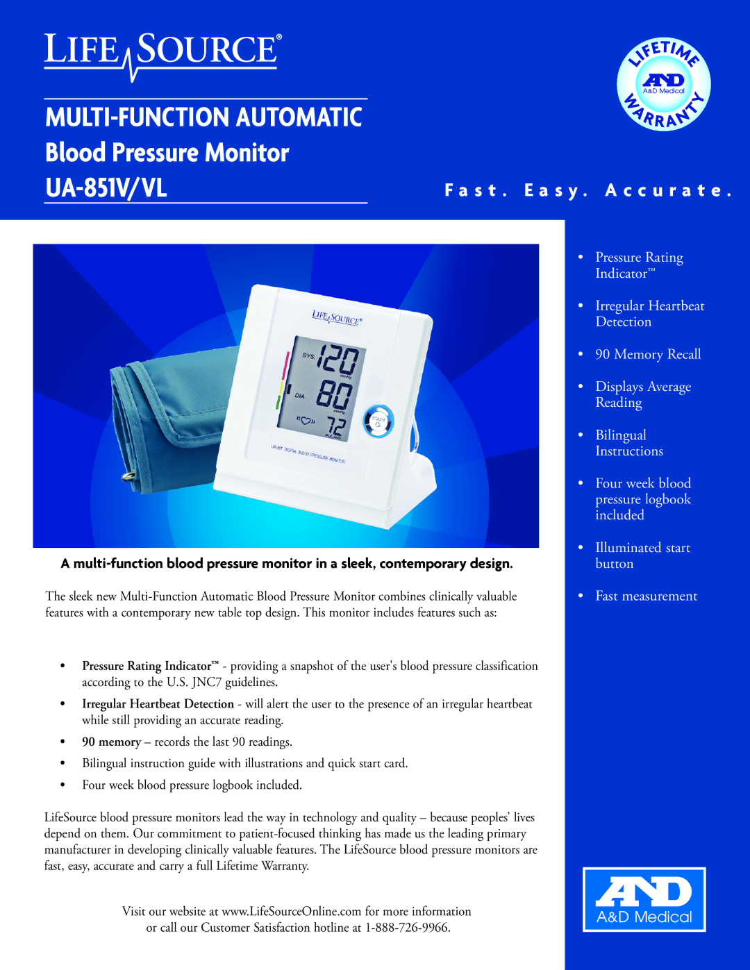 LifeSource UA-851/V/VL manual MULTI-FUNCTION Automatic Blood Pressure Monitor UA-851V/VL 