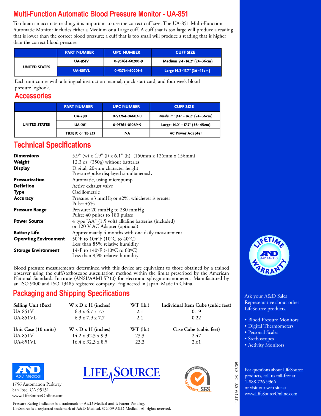 LifeSource UA-851/V/VL manual Multi-Function Automatic Blood Pressure Monitor UA-851, Accessories 