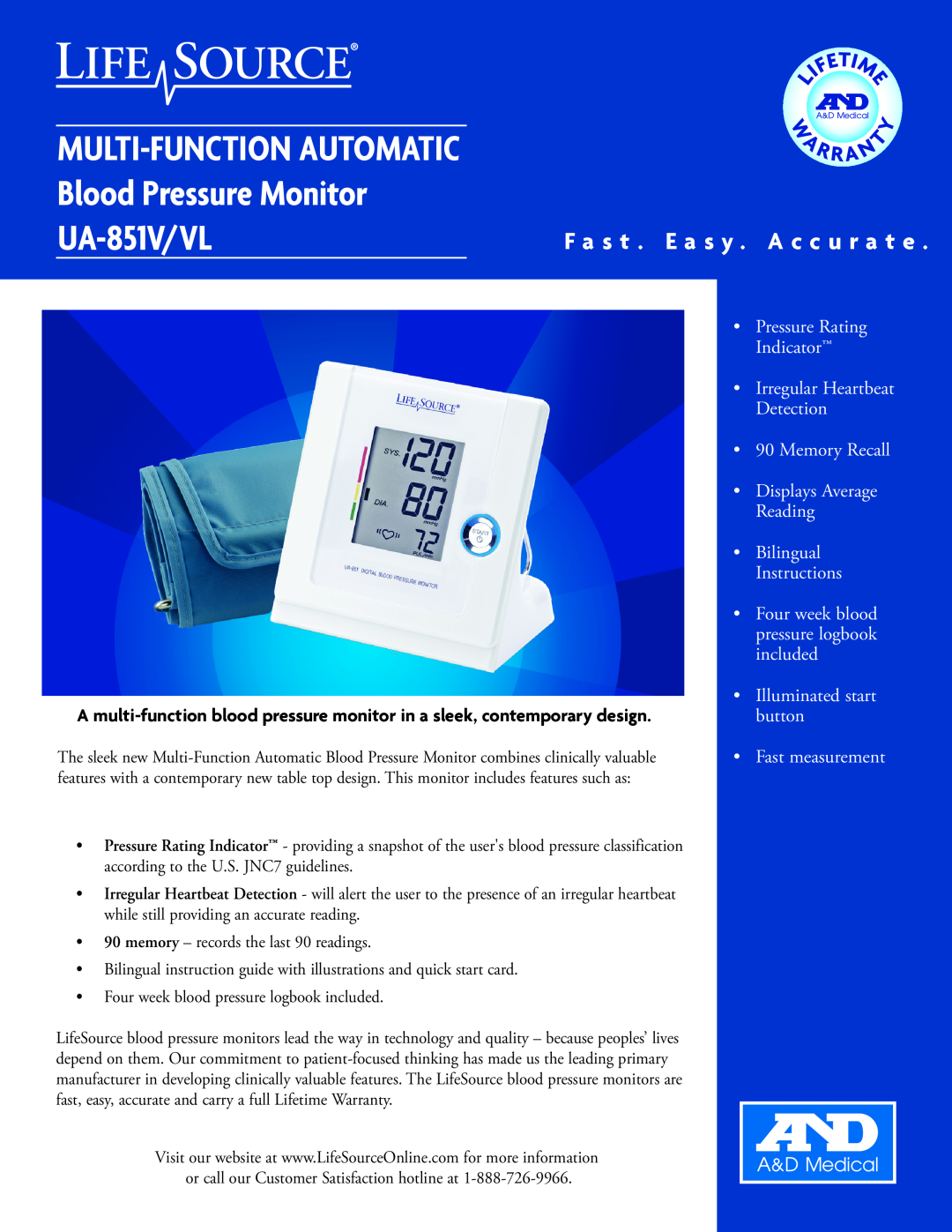 LifeSource UA-851/V/VL manual MULTI-FUNCTION AUTOMATIC Blood Pressure Monitor UA-851V/VL 
