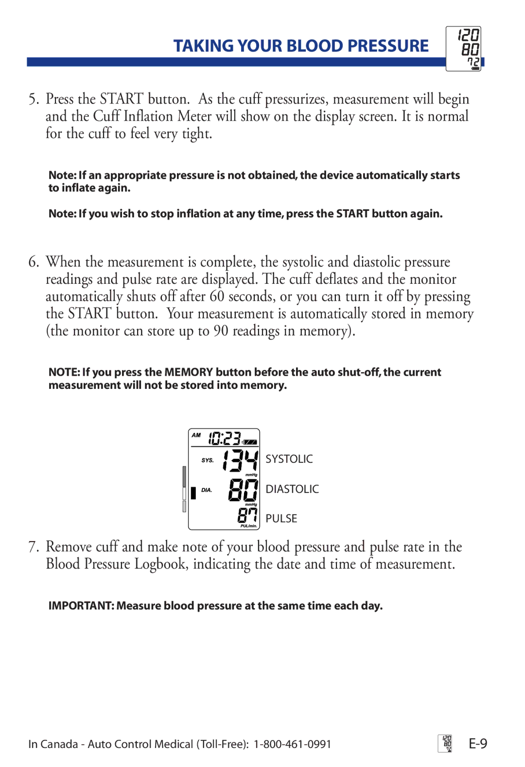 LifeSource UA-853 manual Important Measure blood pressure at the same time each day 