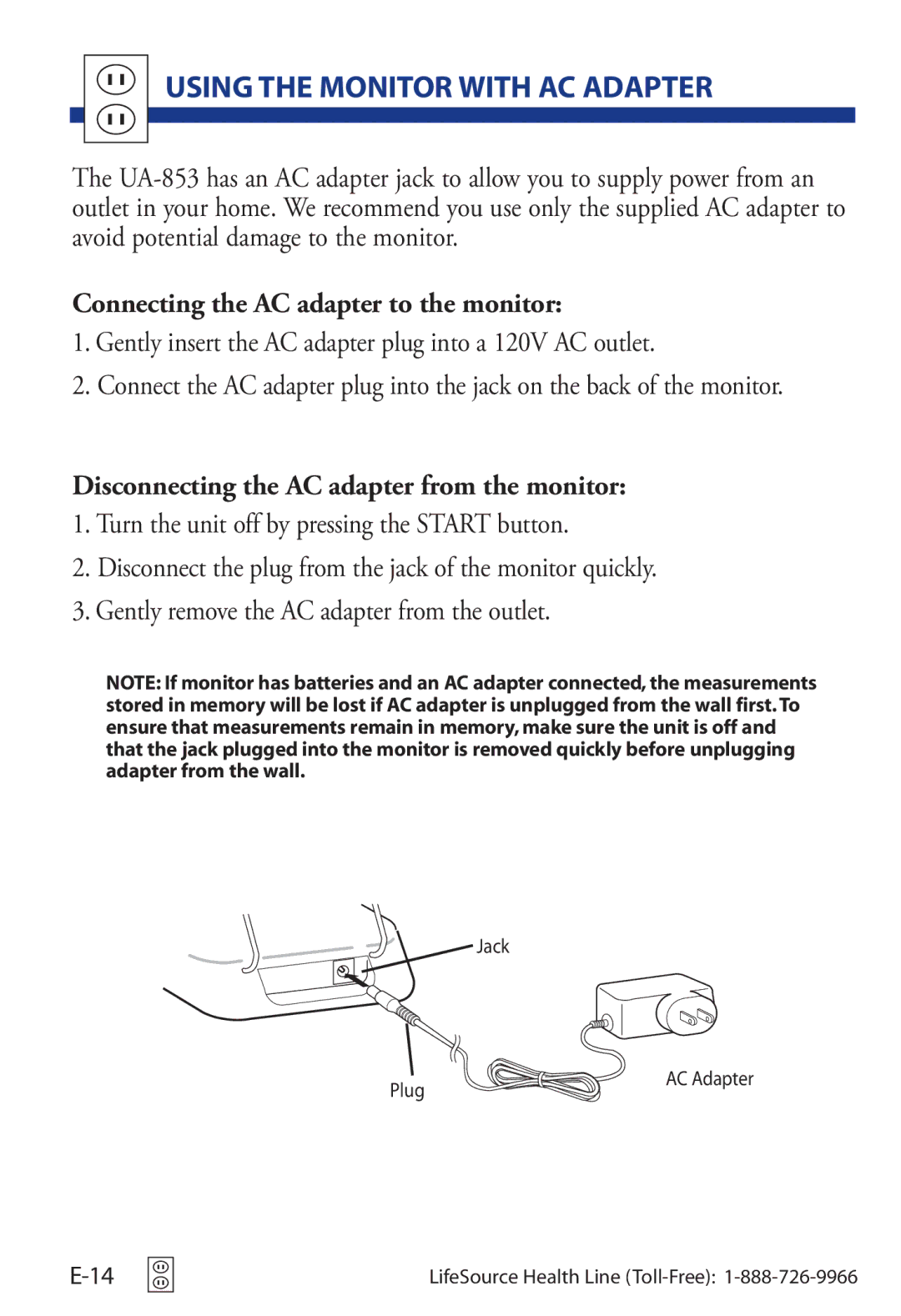 LifeSource UA-853 manual Using the Monitor with AC Adapter, Connecting the AC adapter to the monitor 