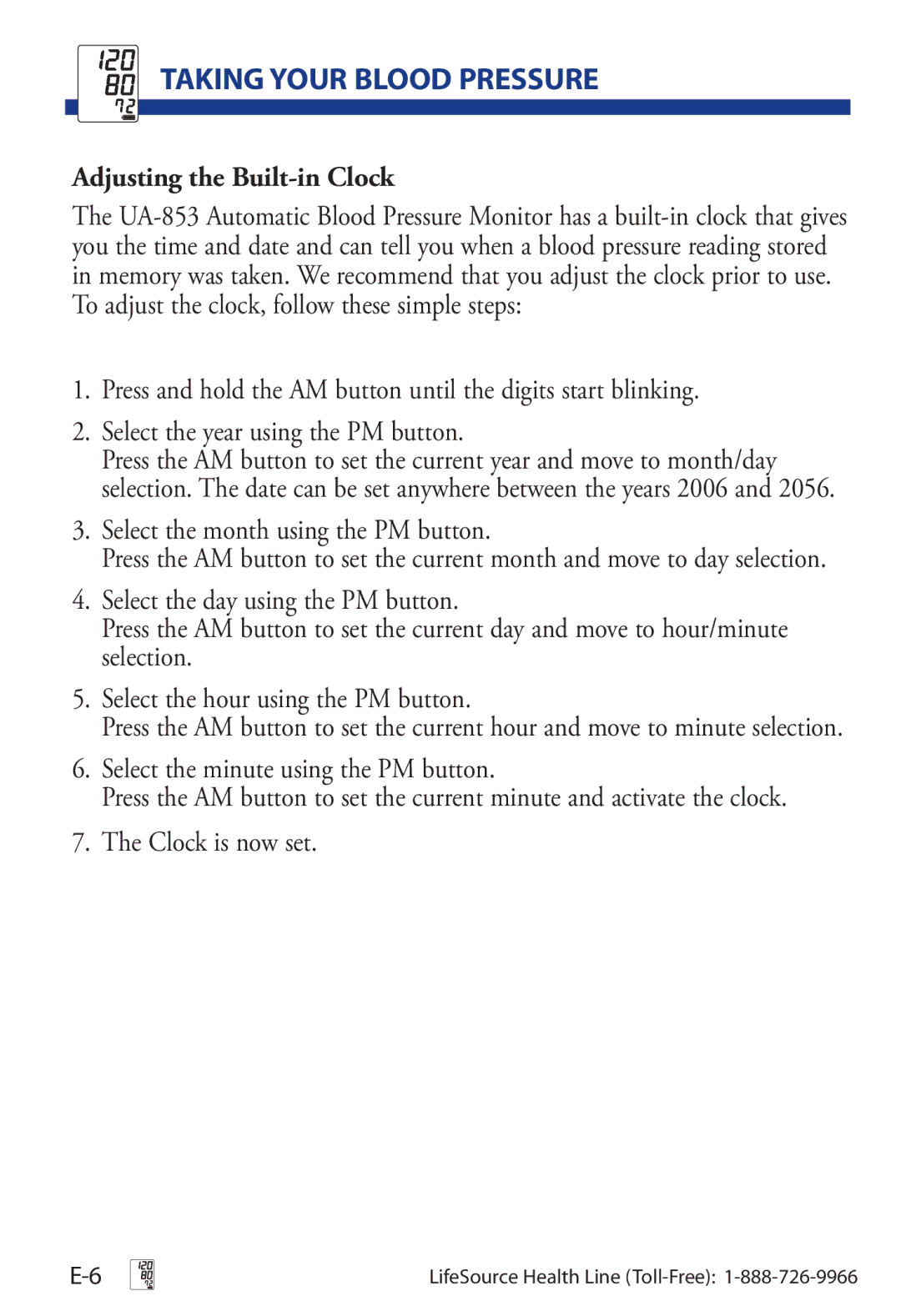 LifeSource UA-853 manual Taking Your Blood Pressure, Adjusting the Built-in Clock 