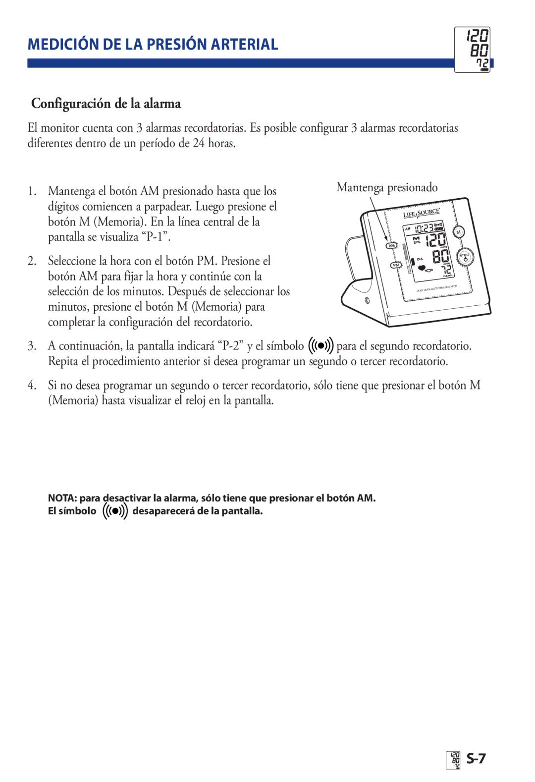 LifeSource UA 853AC manual Medición DE LA Presión Arterial, Configuración de la alarma 