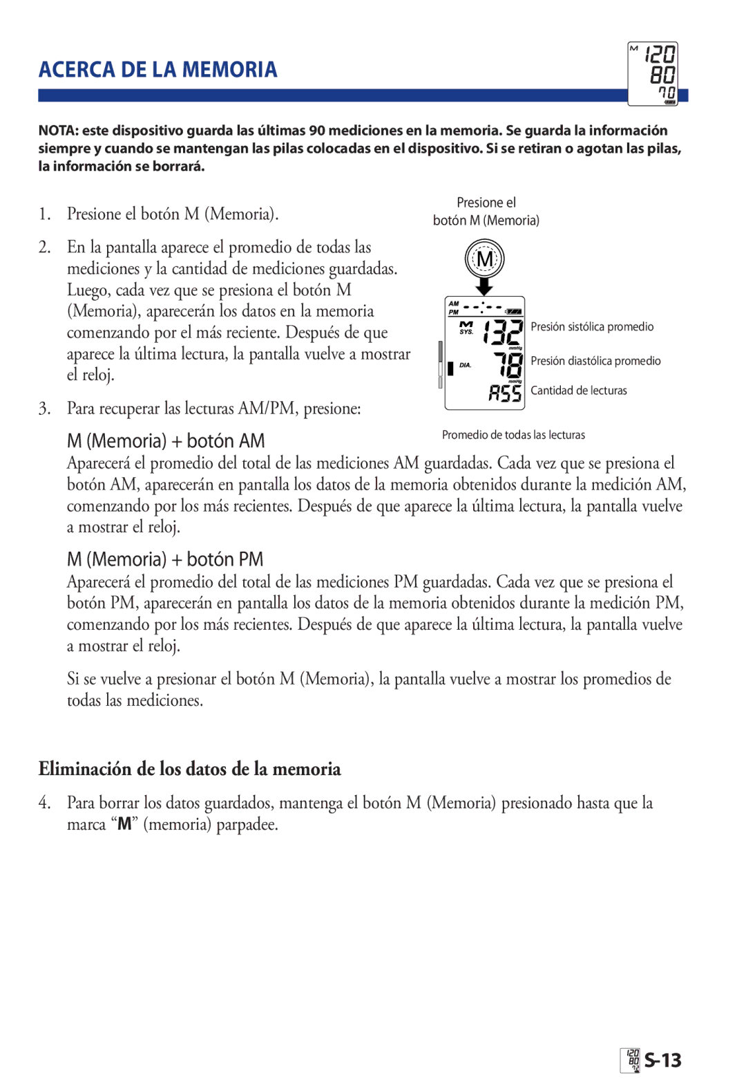 LifeSource UA 853AC manual Acerca DE LA Memoria, Eliminación de los datos de la memoria 