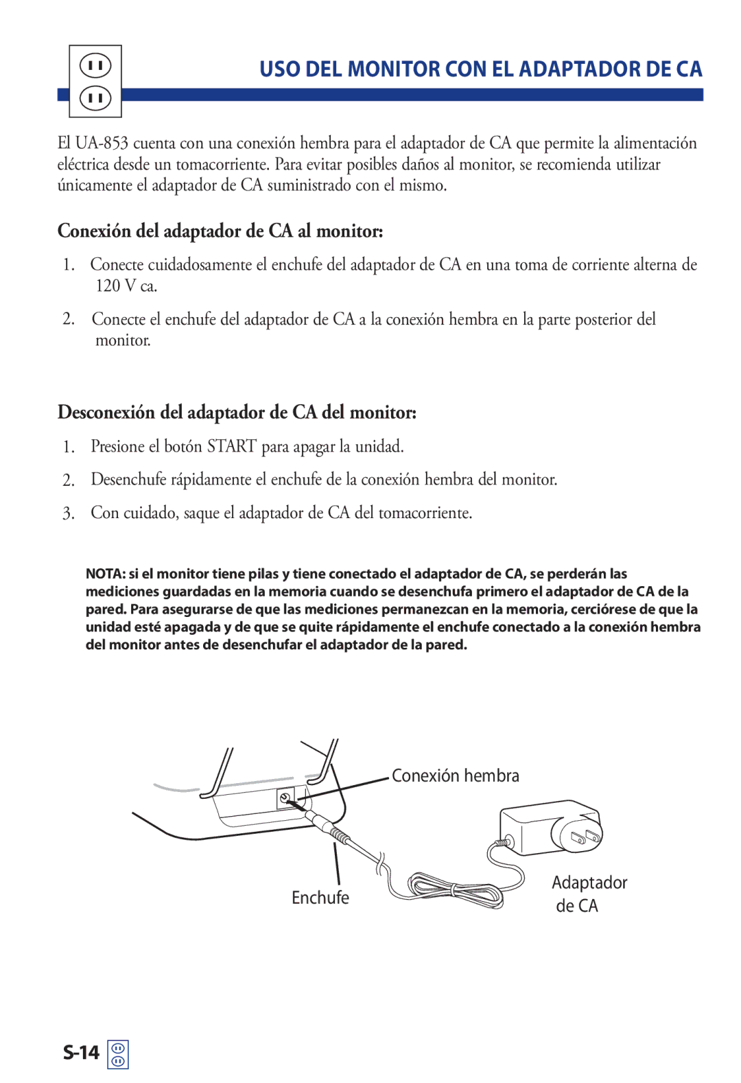 LifeSource UA 853AC manual USO DEL Monitor CON EL Adaptador DE CA, Conexión del adaptador de CA al monitor 