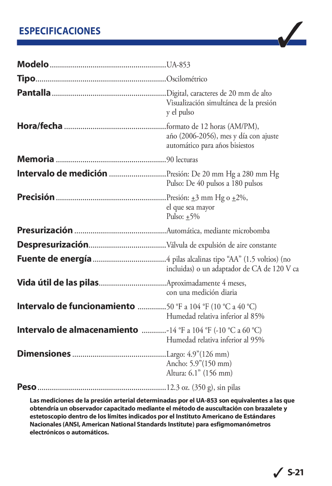 LifeSource UA 853AC manual Especificaciones, Despresurización Válvula de expulsión de aire constante 