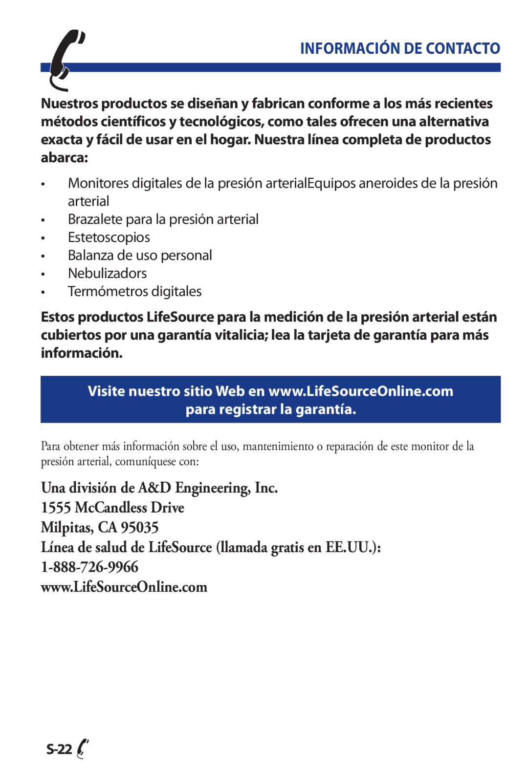 LifeSource UA 853AC manual Información DE Contacto, McCandless Drive Milpitas, CA 