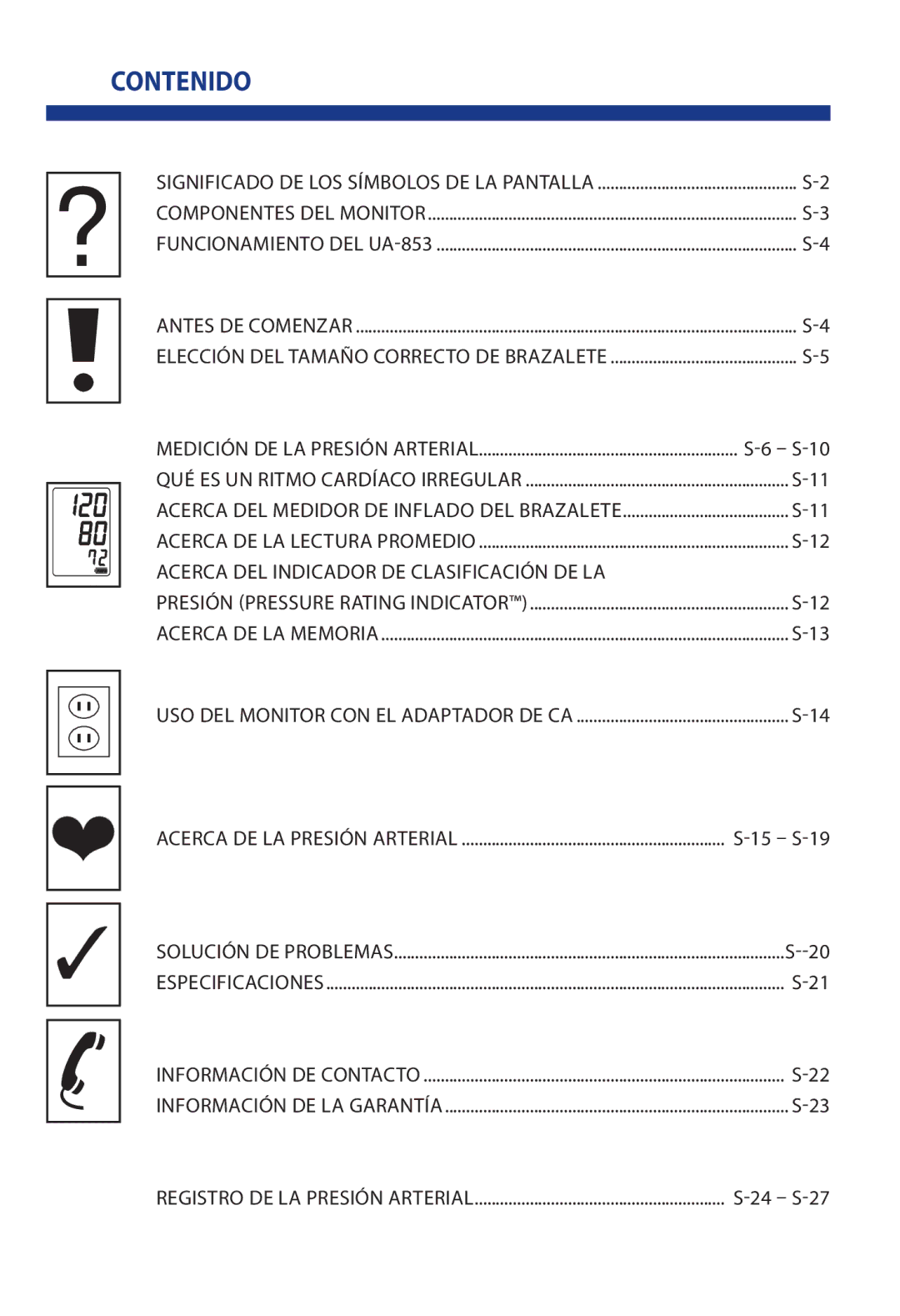 LifeSource UA 853AC manual Contenido, Acerca DEL Indicador DE Clasificación DE LA 