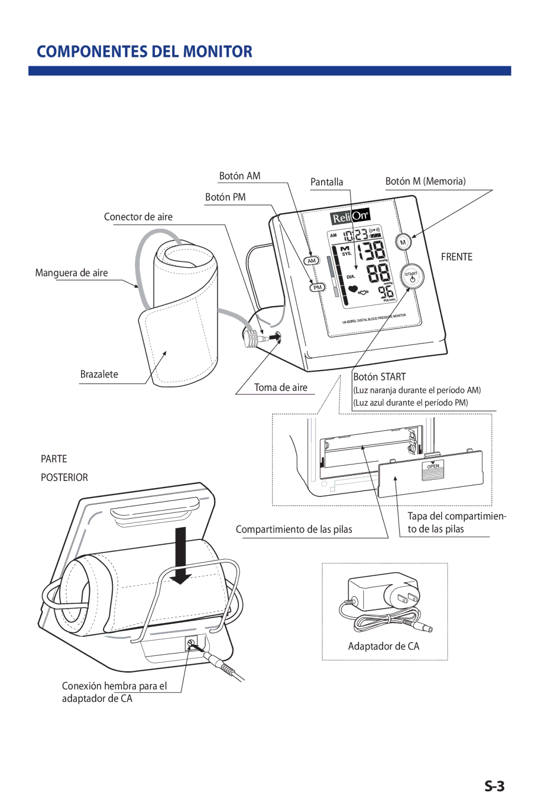 LifeSource UA 853AC manual Componentes DEL Monitor, Parte Posterior 