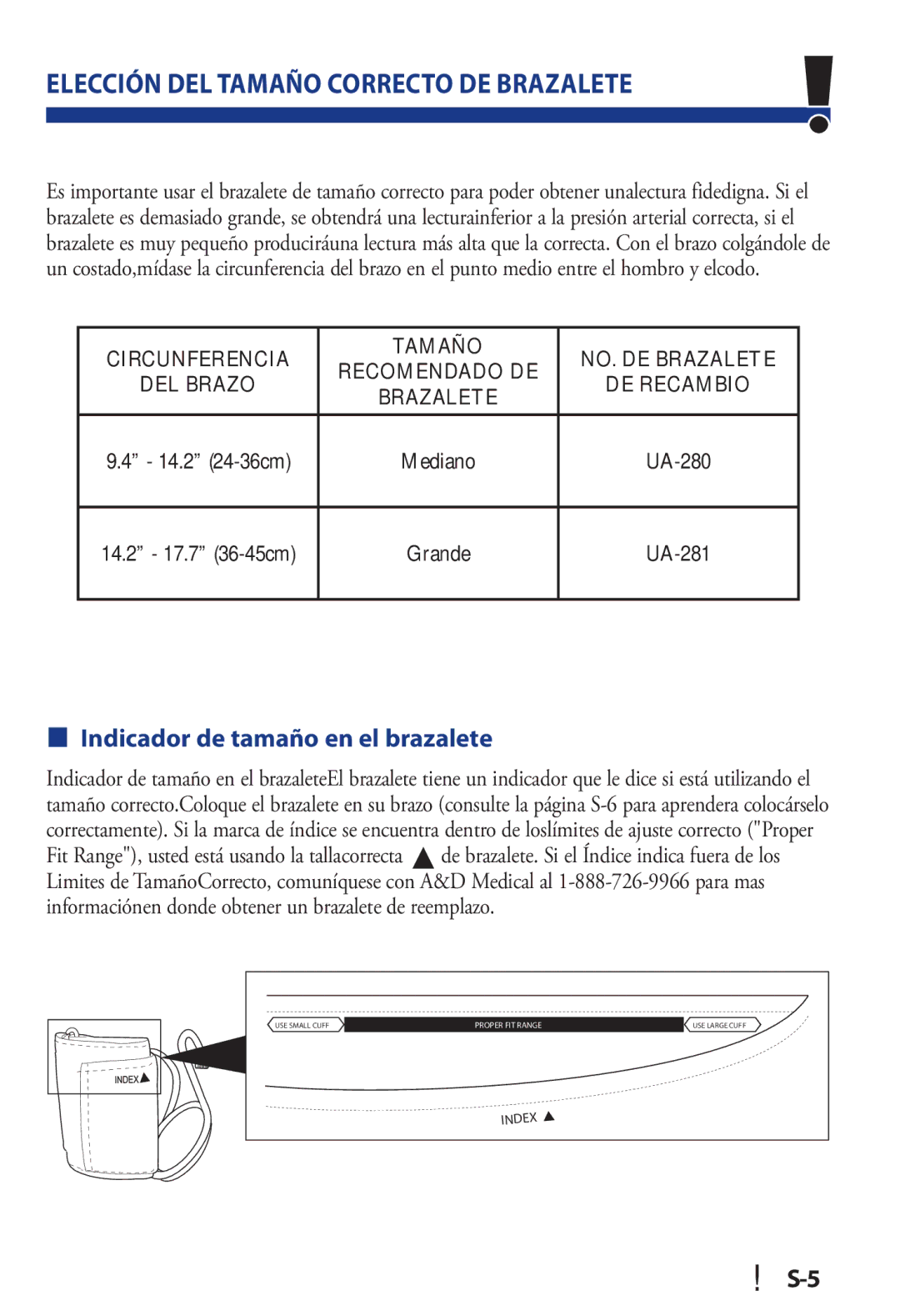 LifeSource UA 853AC manual Elección DEL Tamaño Correcto DE Brazalete, Indicador de tamaño en el brazalete 