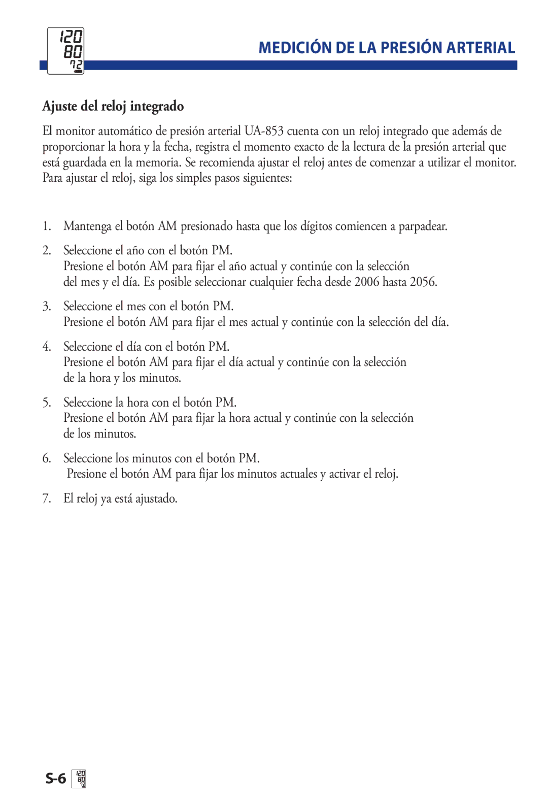 LifeSource UA 853AC manual Medición DE LA Presión Arterial, Ajuste del reloj integrado 