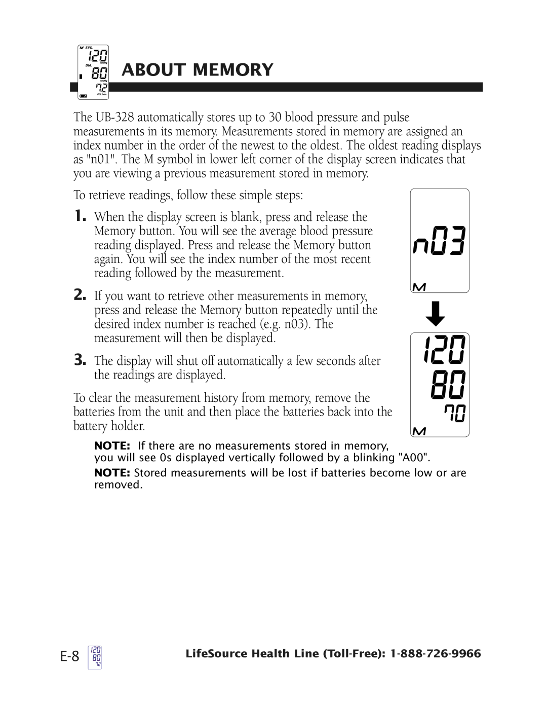 LifeSource UB-328 manual About Memory 