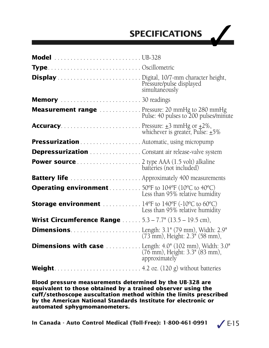 LifeSource UB-328 manual Specifications, Wrist Circumference Range .3 7.7 13.5 19.5 cm 