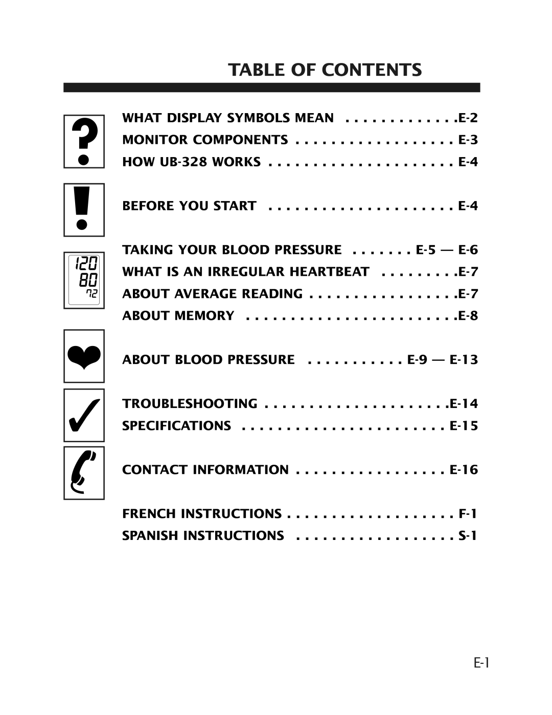 LifeSource UB-328 manual Table of Contents 