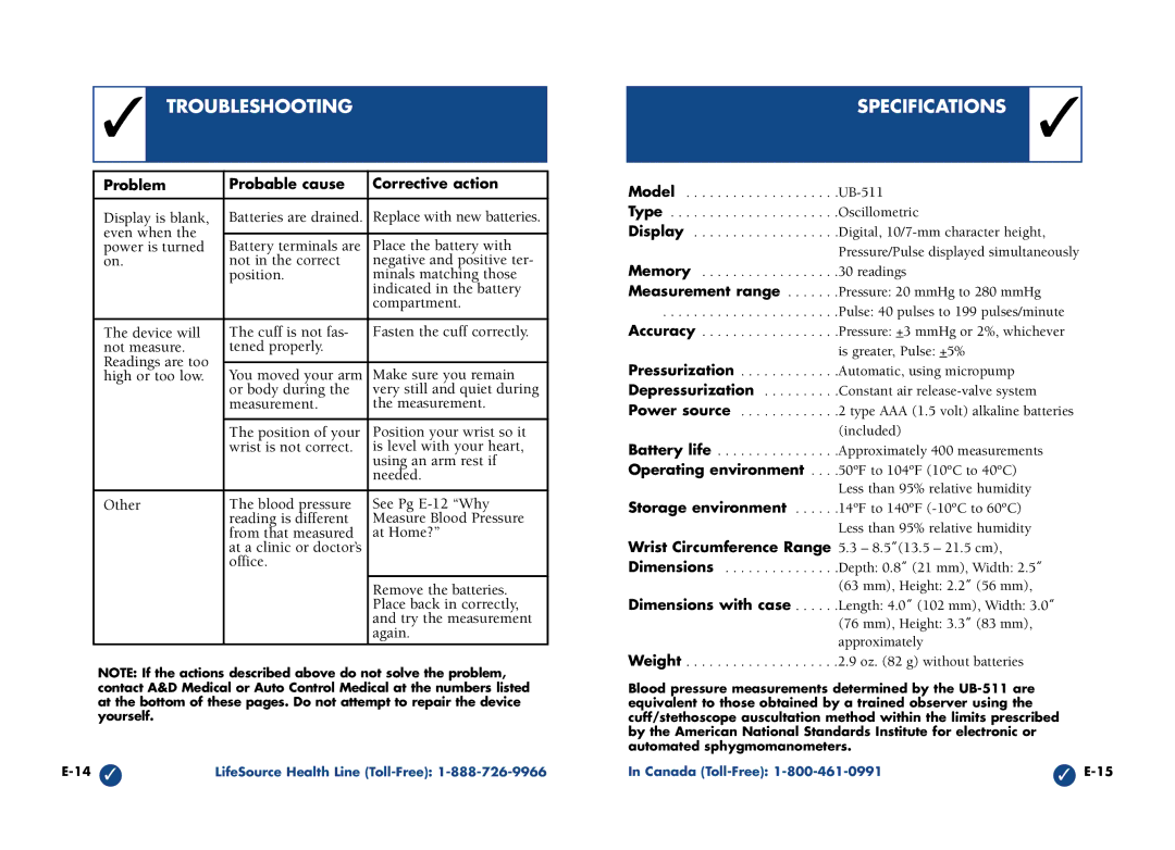 LifeSource UB-511 manual Troubleshooting, Specifications 