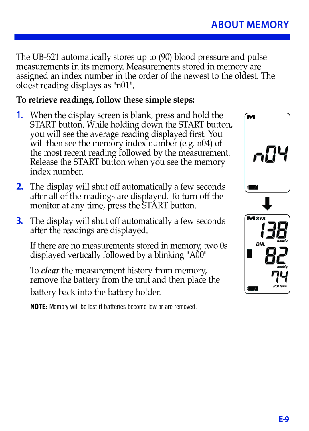 LifeSource UB-521 manual About Memory, To retrieve readings, follow these simple steps 