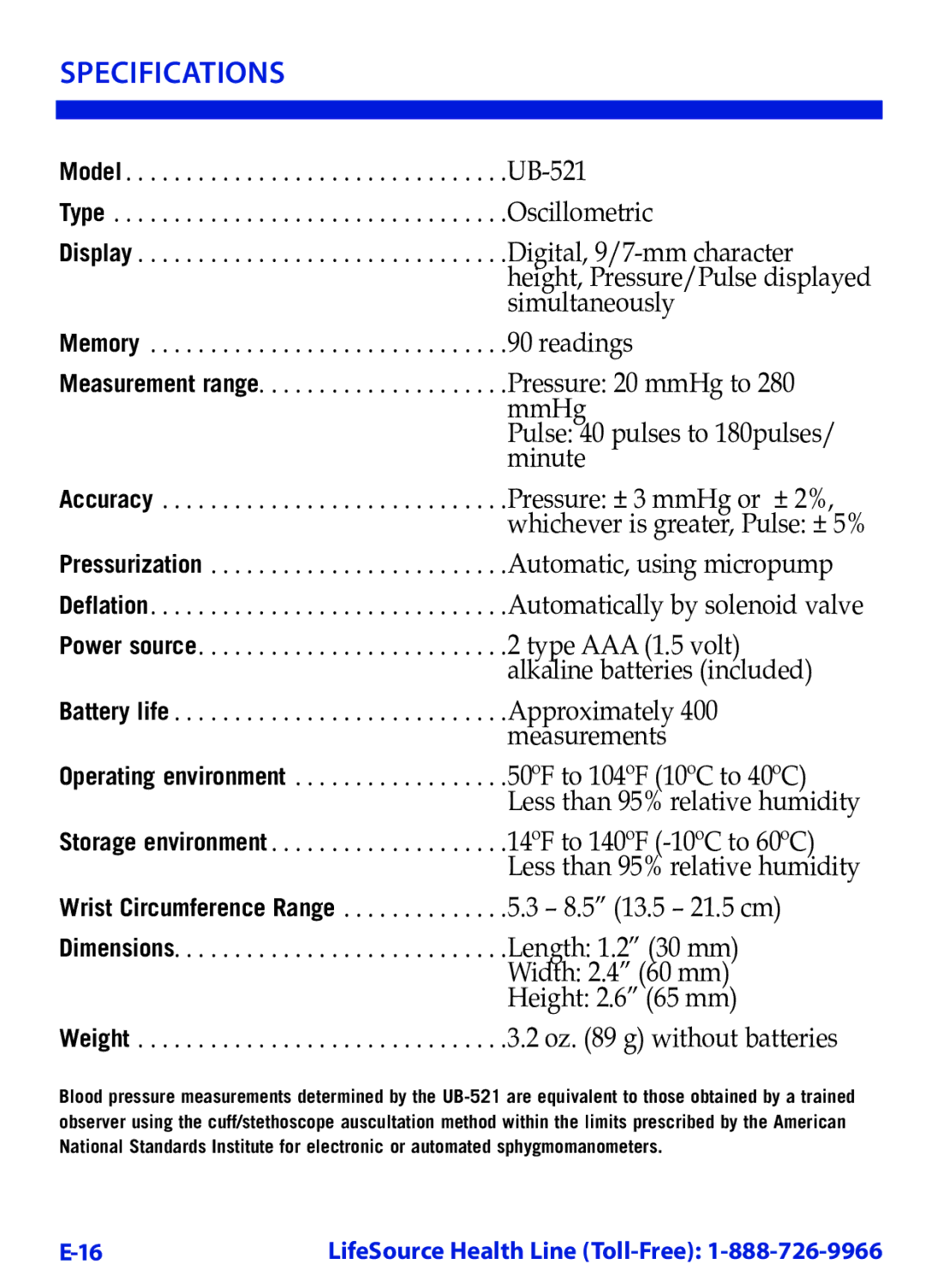 LifeSource UB-521 manual Specifications, Minute 