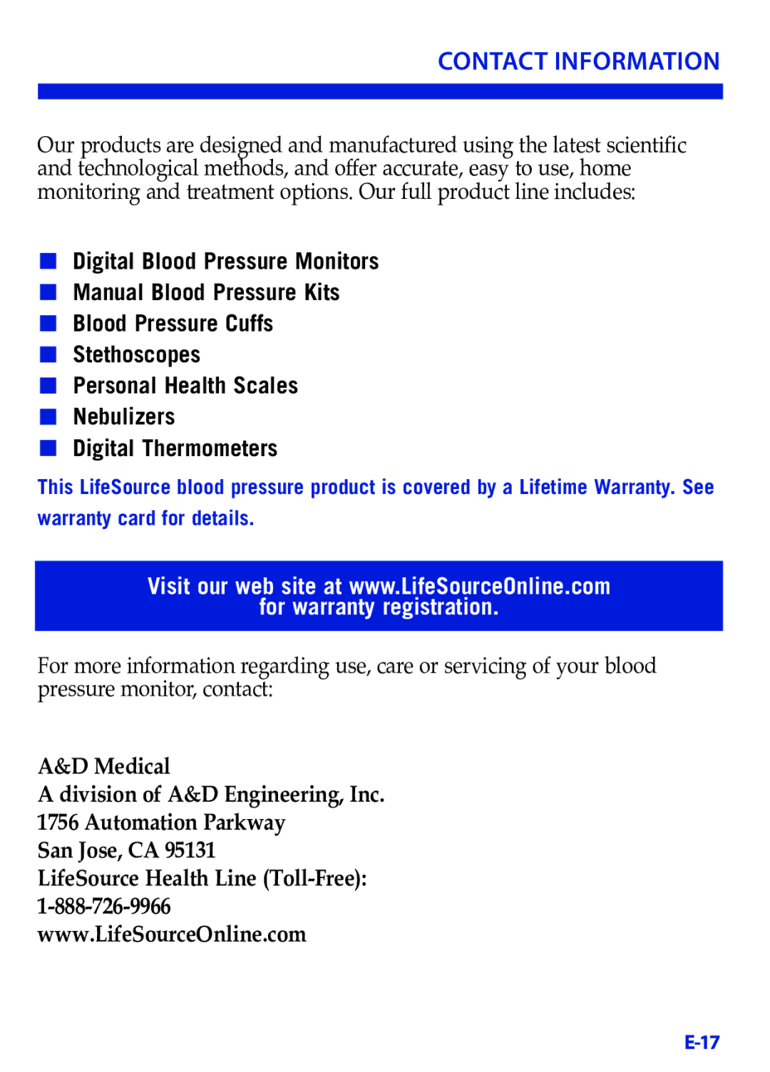 LifeSource UB-521 manual Contact Information, For warranty registration 