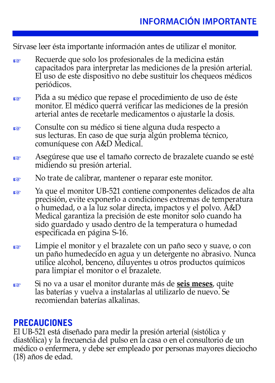 LifeSource UB-521 manual Información Importante, Precauciones 