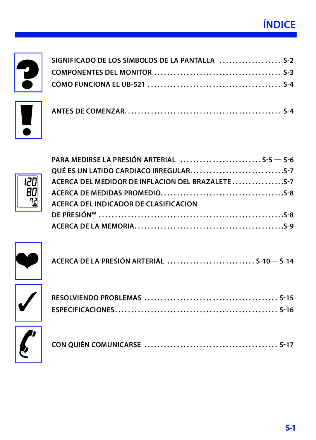 LifeSource UB-521 manual Índice, Acerca DEL Indicador DE Clasificacion 