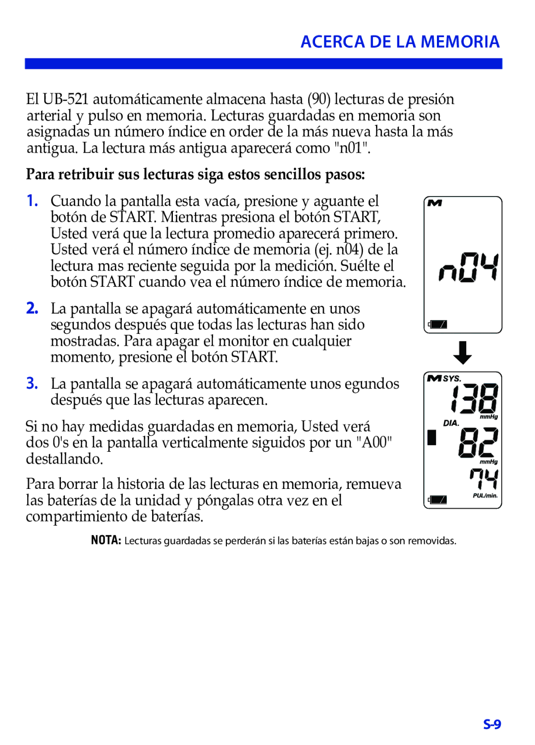 LifeSource UB-521 manual Acerca DE LA Memoria, Para retribuir sus lecturas siga estos sencillos pasos 