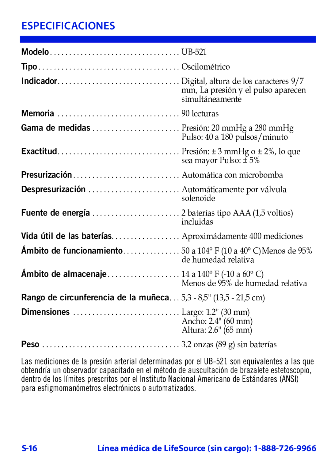 LifeSource UB-521 manual Especificaciones, Incluidas 