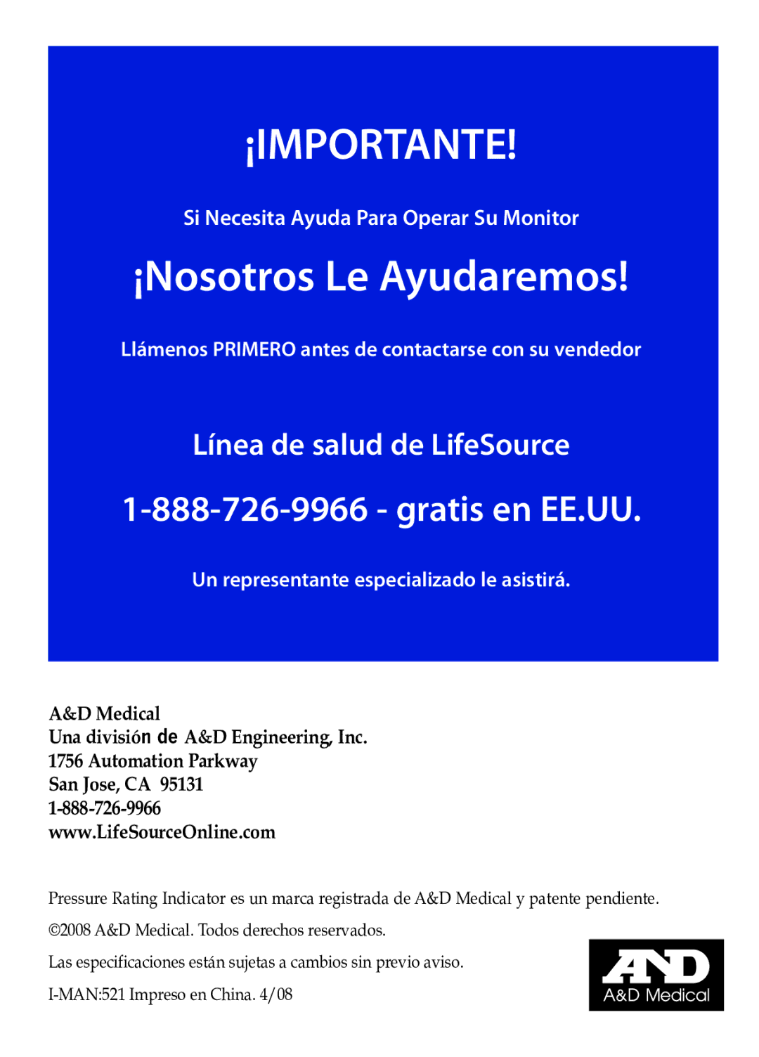 LifeSource UB-521 manual ¡Importante 