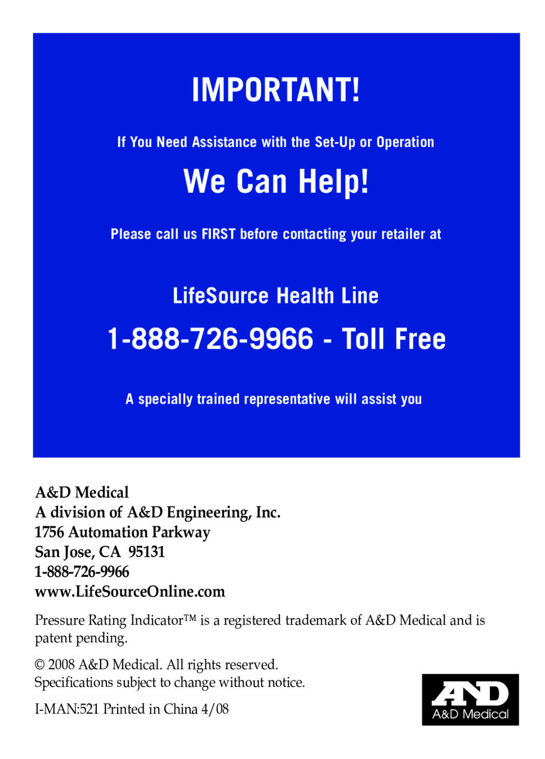 LifeSource UB-521 manual Medical Division of A&D Engineering, Inc Automation Parkway 