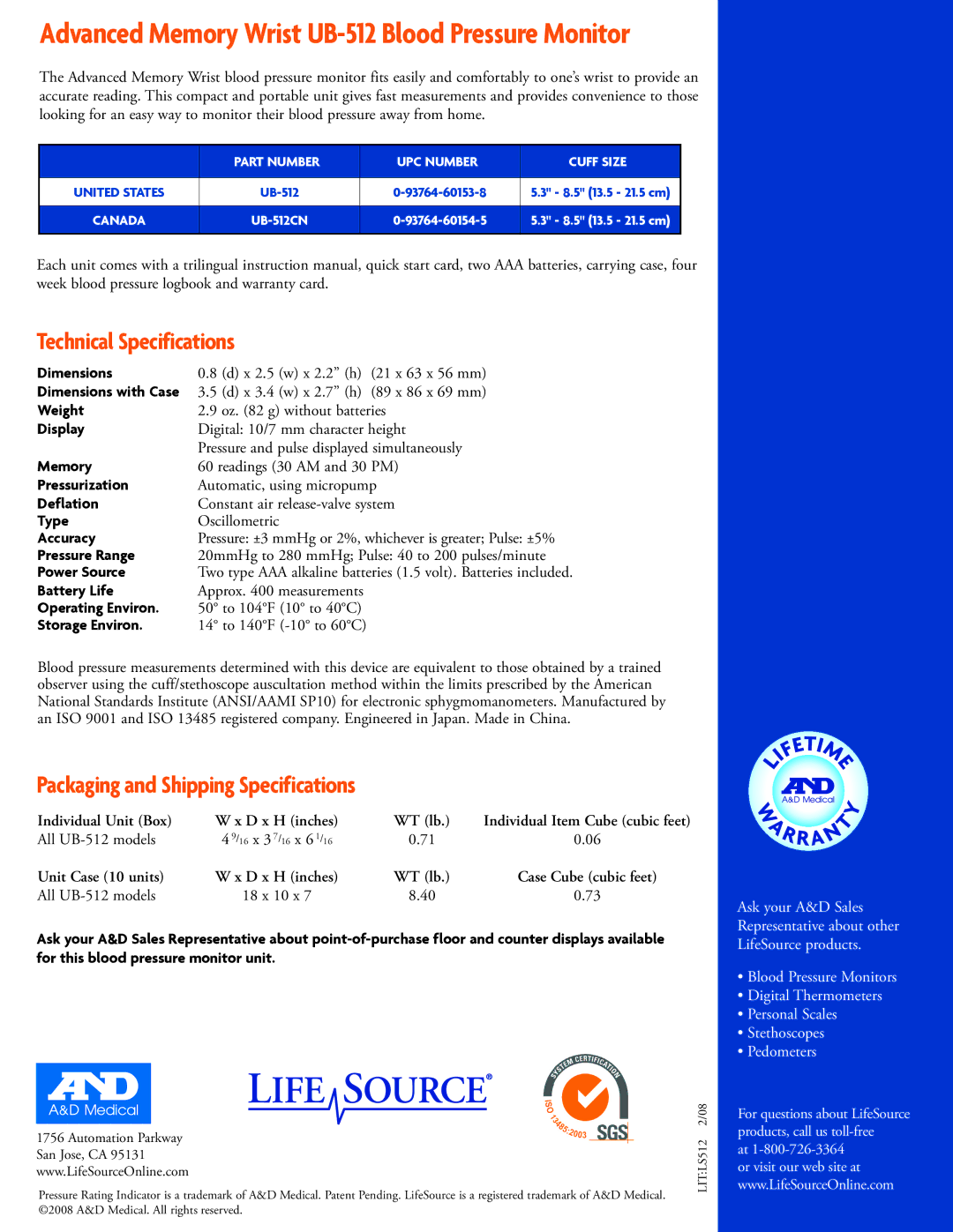 LifeSource UB512 manual Advanced Memory Wrist UB-512 Blood Pressure Monitor, Technical Specifications 