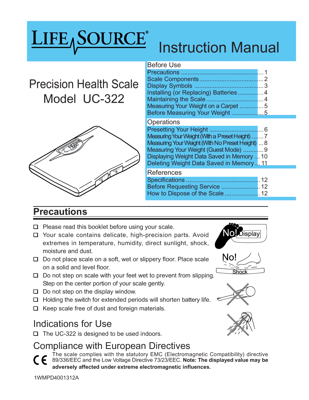 LifeSource UC-322 manual Precautions, Indications for Use, Compliance with European Directives 